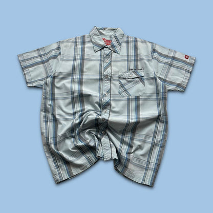 VINTAGE Y2K ANIMAL PLAID SHORT SLEEVE SHIRT LIGHT BLUE