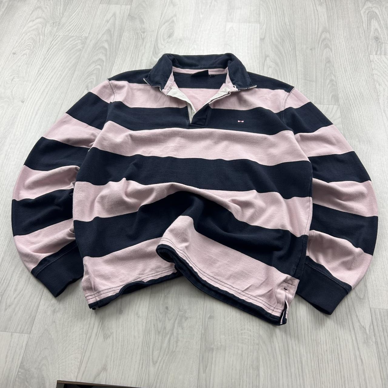 VINTAGE Y2K STRIPED LONG SLEEVE RUGBY POLO SHIRT PINK / NAVY
