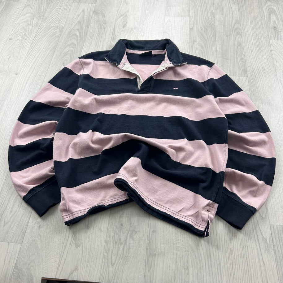 VINTAGE Y2K STRIPED LONG SLEEVE RUGBY POLO SHIRT PINK / NAVY
