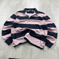VINTAGE Y2K STRIPED LONG SLEEVE RUGBY POLO SHIRT PINK / NAVY