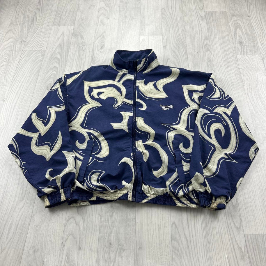 VINTAGE 90s REEBOK LIGHTWEIGHT FUNKY GRAPHIC JACKET NAVY / CREAM