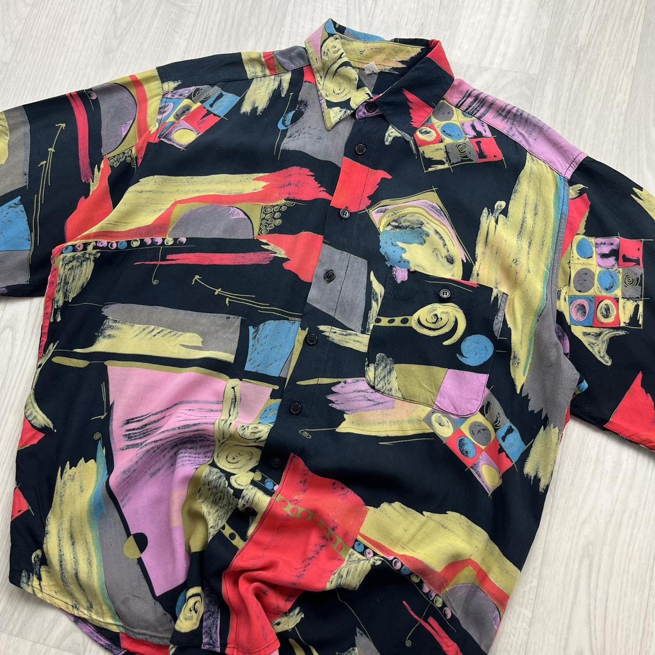 VINTAGE Y2K FUNKY PATTERN GRAPHIC SHORT SLEEVE BUTTON UP SHIRT MULTI