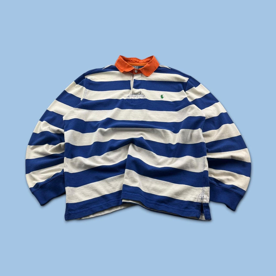 VINTAGE Y2K RALPH LAUREN STRIPED LONG SLEEVE RUGBY POLO SHIRT BLUE / WHITE