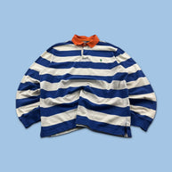 VINTAGE Y2K RALPH LAUREN STRIPED LONG SLEEVE RUGBY POLO SHIRT BLUE / WHITE