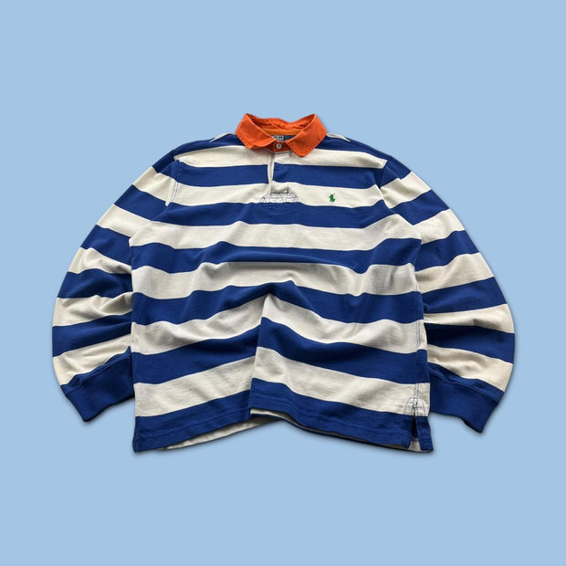 VINTAGE Y2K RALPH LAUREN STRIPED LONG SLEEVE RUGBY POLO SHIRT BLUE / WHITE