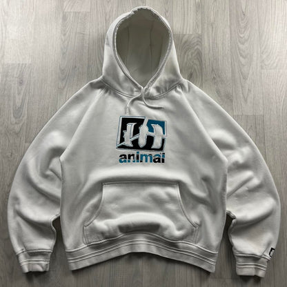 VINTAGE Y2K ANIMAL CENTRE LOGO SURF HOODIE WHITE