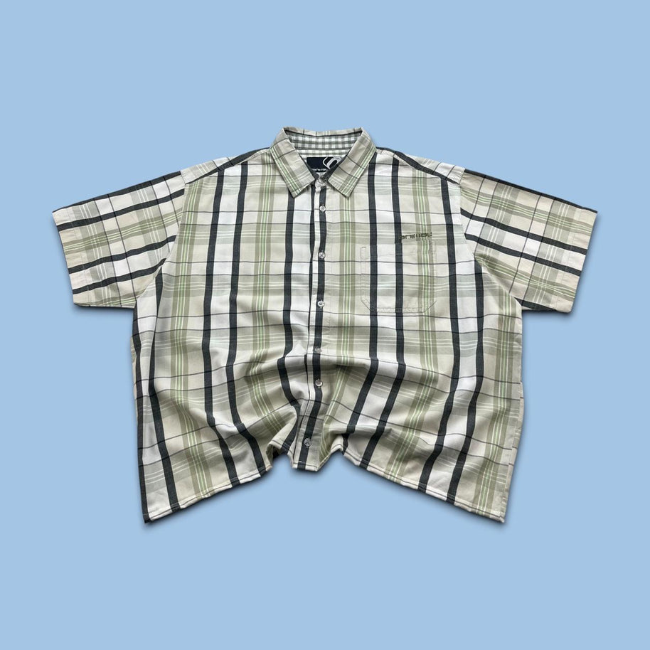 VINTAGE 00s ANIMAL CHECKERED CROPPED SHORT SLEEVE BUTTON UP SHIRT CREAM / GREEN
