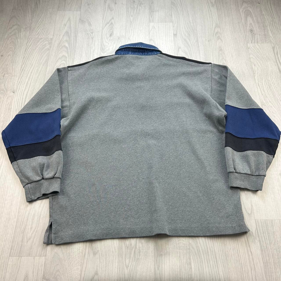 VINTAGE Y2K STRIPED LONG SLEEVE RUGBY POLO SHIRT GREY
