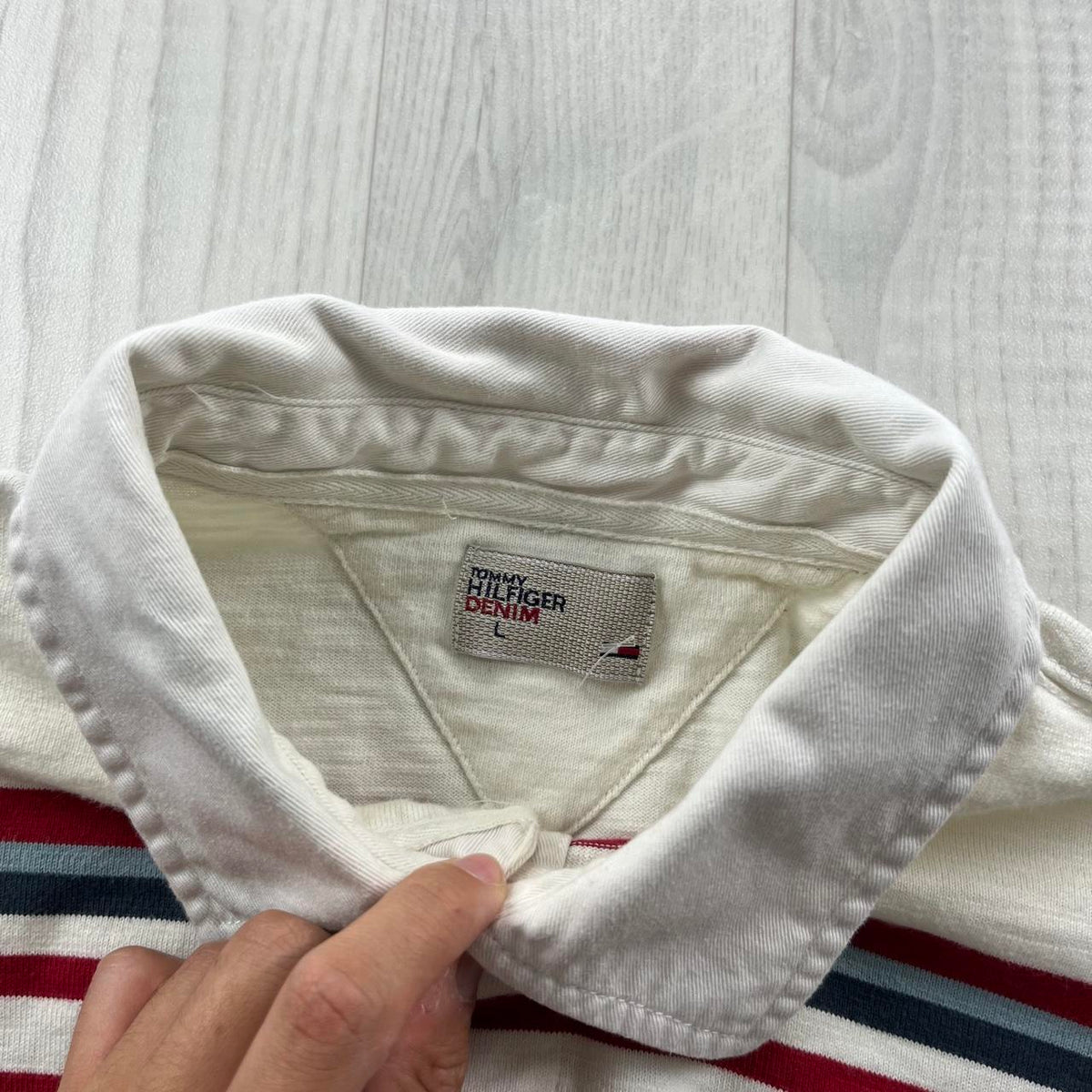 VINTAGE Y2K TOMMY HILFIGER STRIPED LONG SLEEVE RUGBY POLO SHIRT WHITE