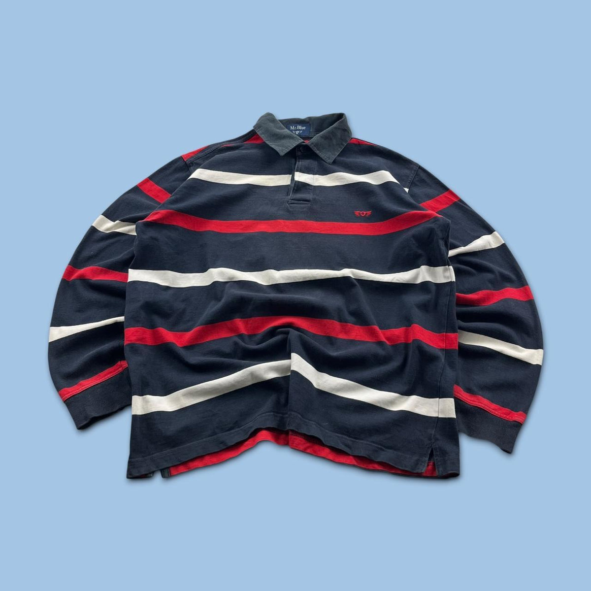 VINTAGE Y2K STRIPED LONG SLEEVE RUGBY POLO SHIRT NAVY