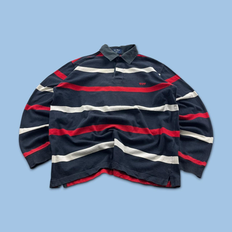VINTAGE Y2K STRIPED LONG SLEEVE RUGBY POLO SHIRT NAVY