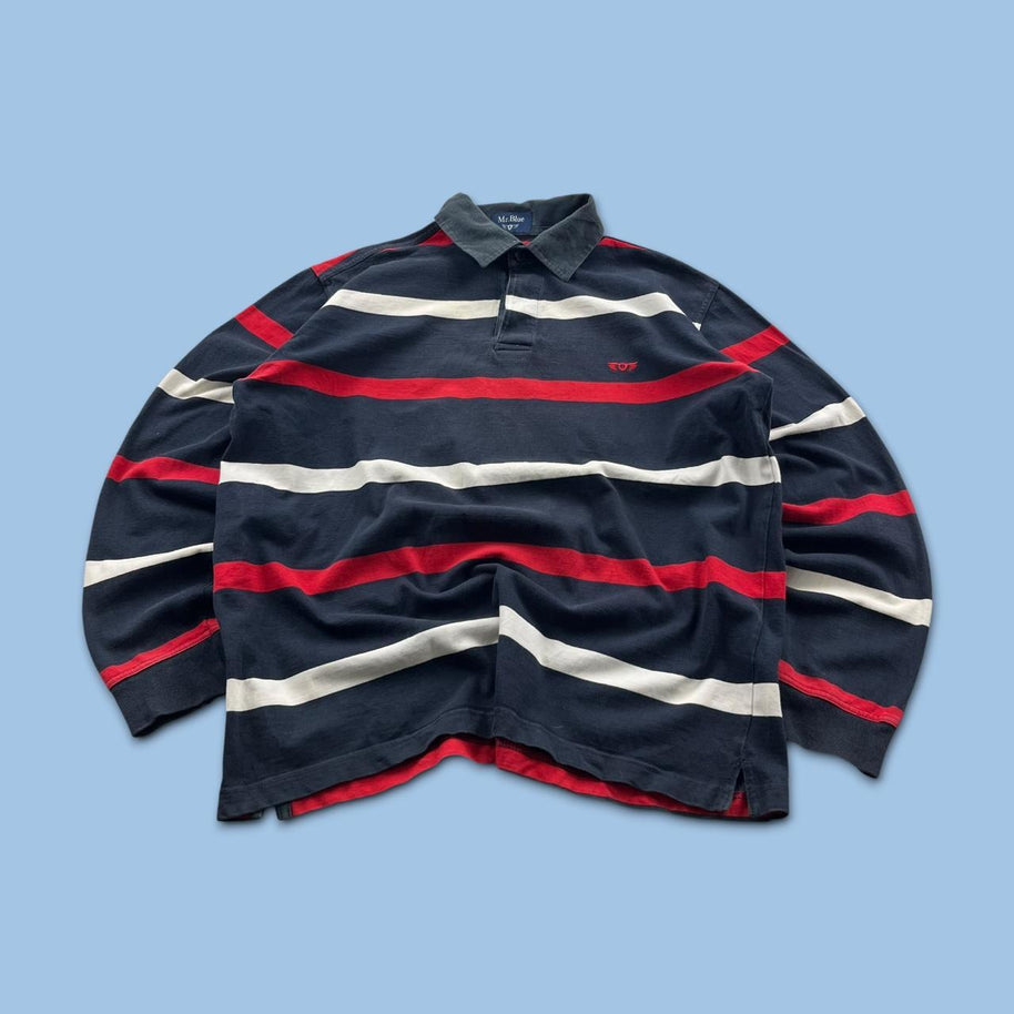 VINTAGE Y2K STRIPED LONG SLEEVE RUGBY POLO SHIRT NAVY