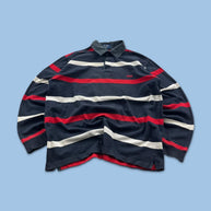VINTAGE Y2K STRIPED LONG SLEEVE RUGBY POLO SHIRT NAVY