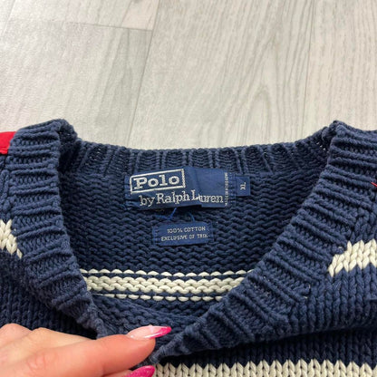 VINTAGE Y2K POLO RALPH LAUREN CHUNKY STRIPED KNITTED JUMPER NAVY