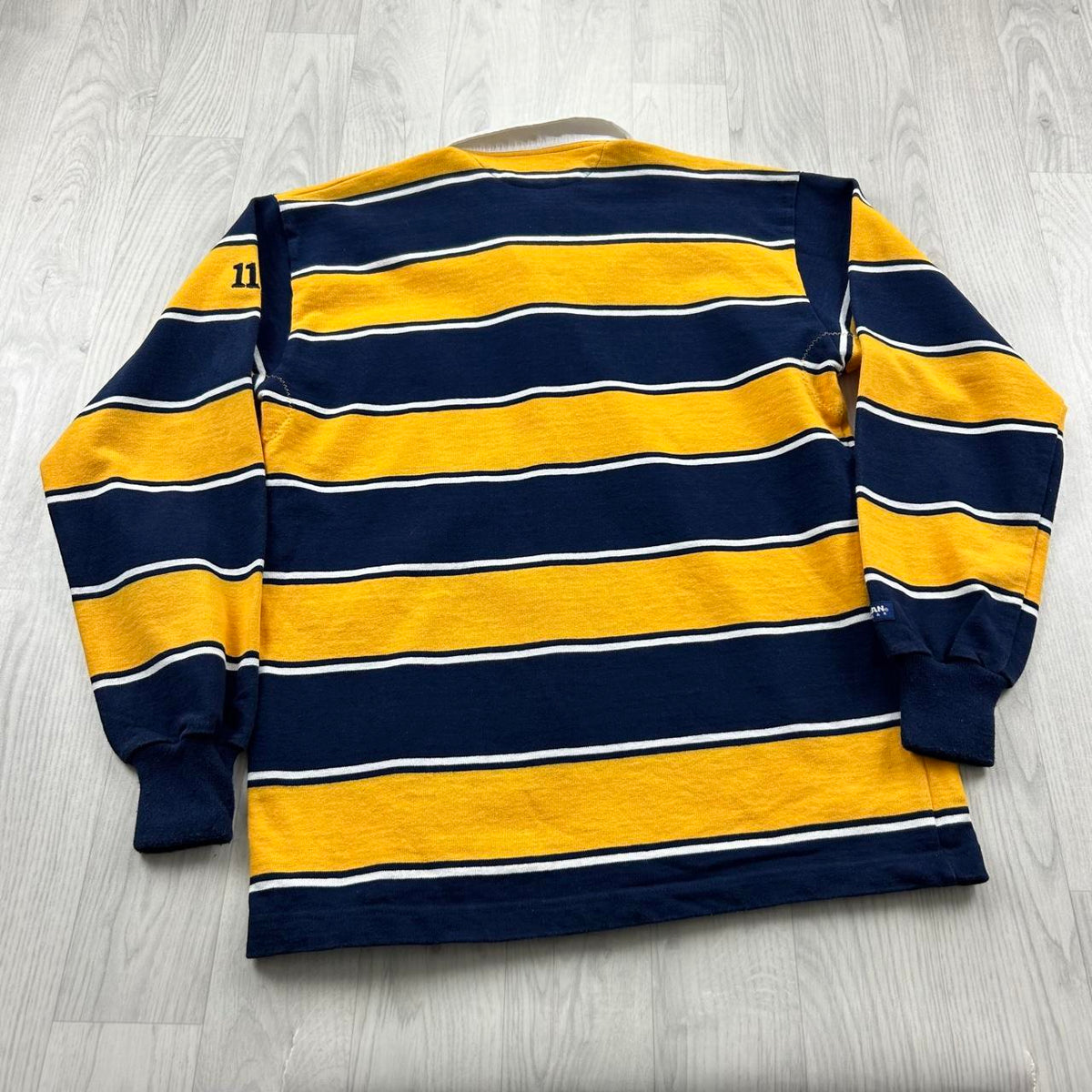 VINTAGE Y2K STRIPED LONG SLEEVE RUGBY POLO SHIRT YELLOW NAVY