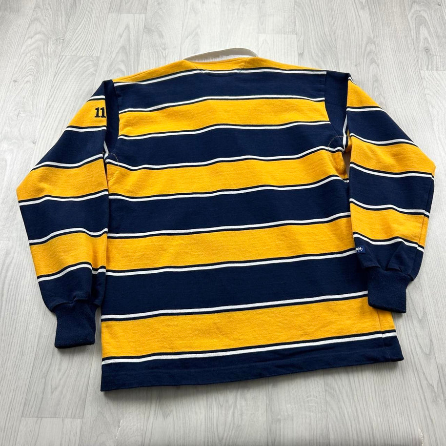 VINTAGE Y2K STRIPED LONG SLEEVE RUGBY POLO SHIRT YELLOW NAVY