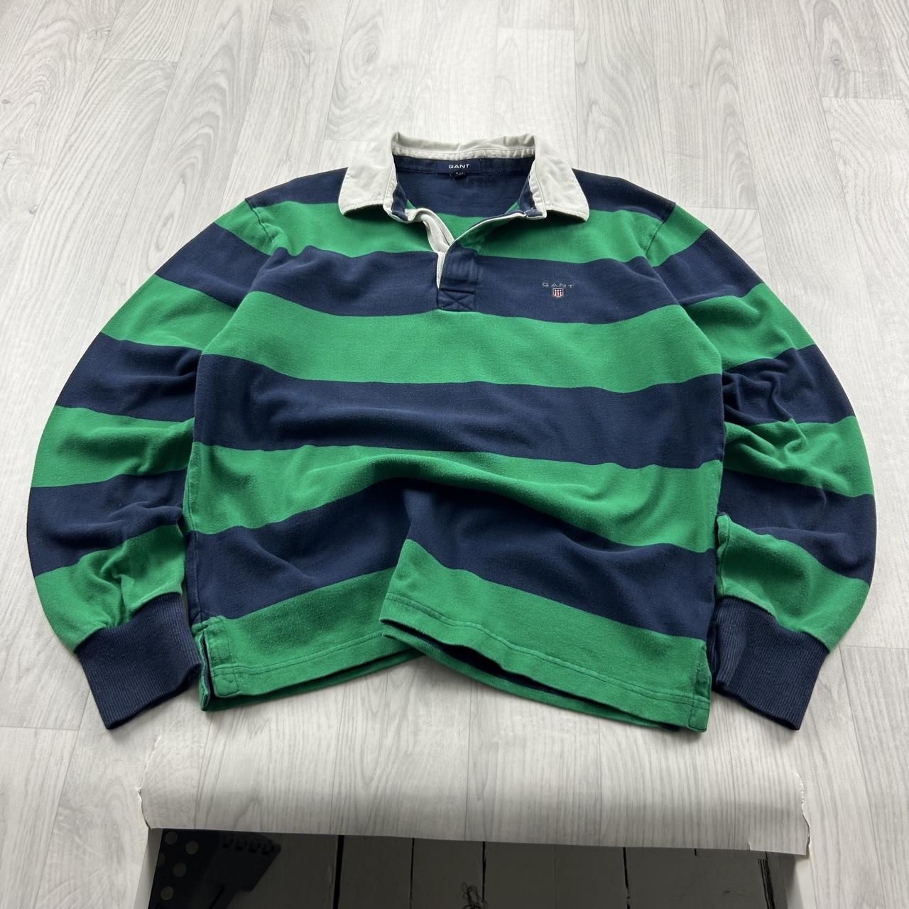 VINTAGE Y2K GANT STRIPED LONG SLEEVE RUGBY POLO SHIRT GREEN NAVY