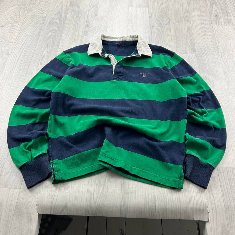 VINTAGE Y2K GANT STRIPED LONG SLEEVE RUGBY POLO SHIRT GREEN NAVY