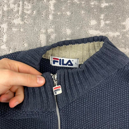 VINTAGE Y2K FILA QUARTER ZIP HEAVY KNITTED JUMPER NAVY