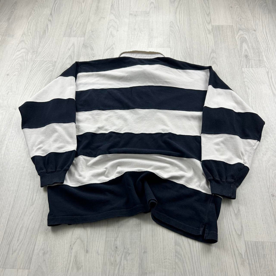 VINTAGE Y2K CELIO STRIPED LONG SLEEVE RUGBY POLO SHIRT NAVY / WHITE