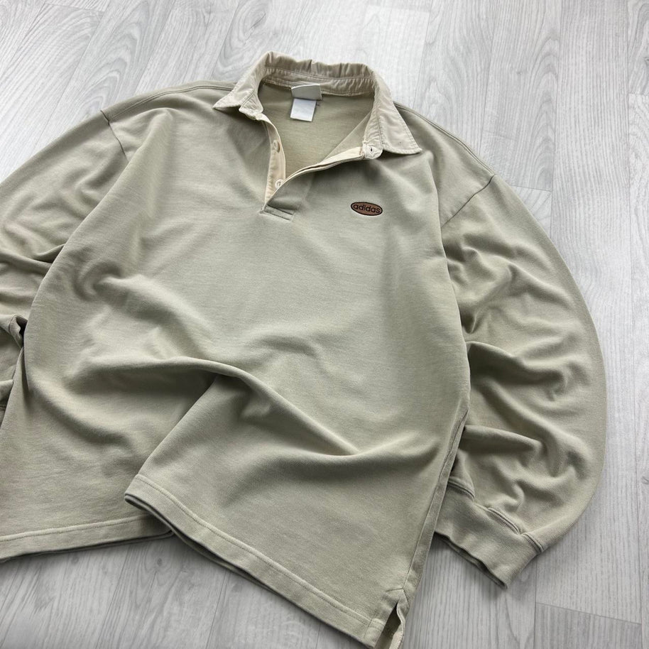 VINTAGE 90s ADIDAS LONG SLEEVE RUGBY POLO SHIRT CREAM