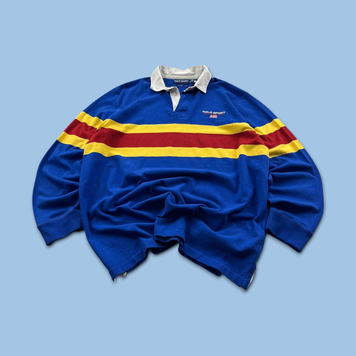 VINTAGE Y2K POLO SPORT STRIPED LONG SLEEVE RUGBY POLO SHIRT BLUE