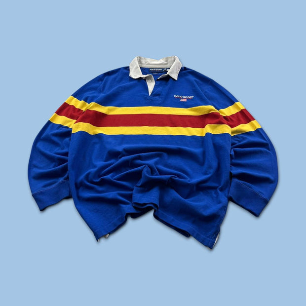 VINTAGE Y2K POLO SPORT STRIPED LONG SLEEVE RUGBY POLO SHIRT BLUE
