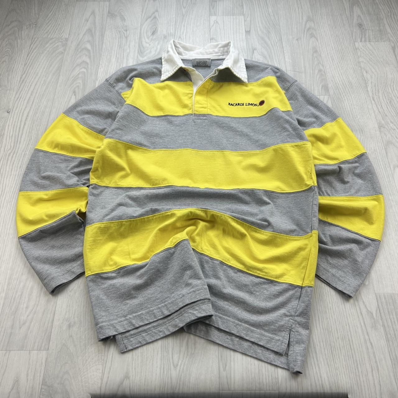 VINTAGE Y2K BACARDI STRIPED LONG SLEEVE RUGBY POLO SHIRT YELLOW / GREY
