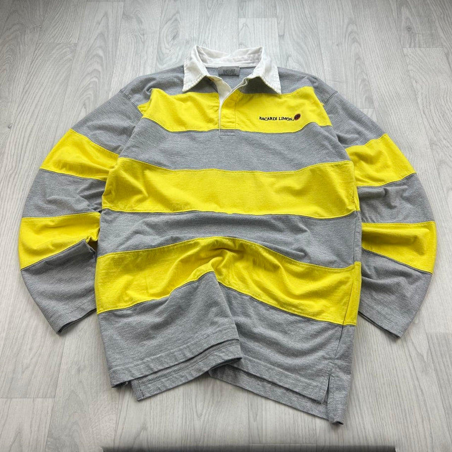 VINTAGE Y2K BACARDI STRIPED LONG SLEEVE RUGBY POLO SHIRT YELLOW / GREY