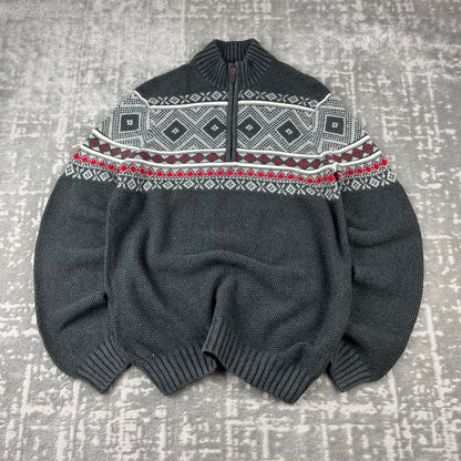 VINTAGE Y2K IZOD FESTIVE CHUNKY QUARTER ZIP KNITTED JUMPER GREY