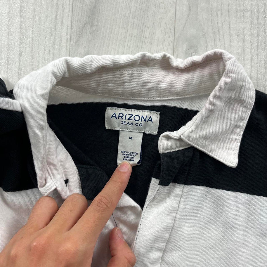 VINTAGE Y2K ARIZONA STRIPED LONG SLEEVE RUGBY POLO SHIRT BLACK / WHITE