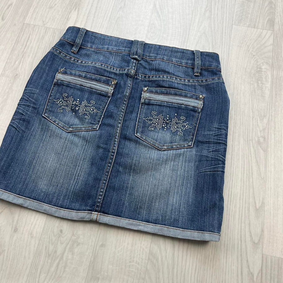 VINTAGE Y2K CACHE DIAMANTE DENIM LOW RISE MINI SKIRT BLUE