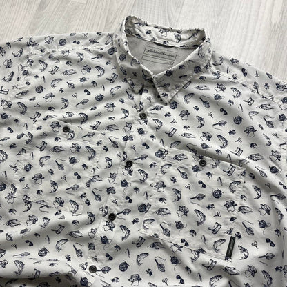VINTAGE Y2K EDDIE BAUER ALL OVER PRINT SHORT SLEEVE SHIRT WHITE