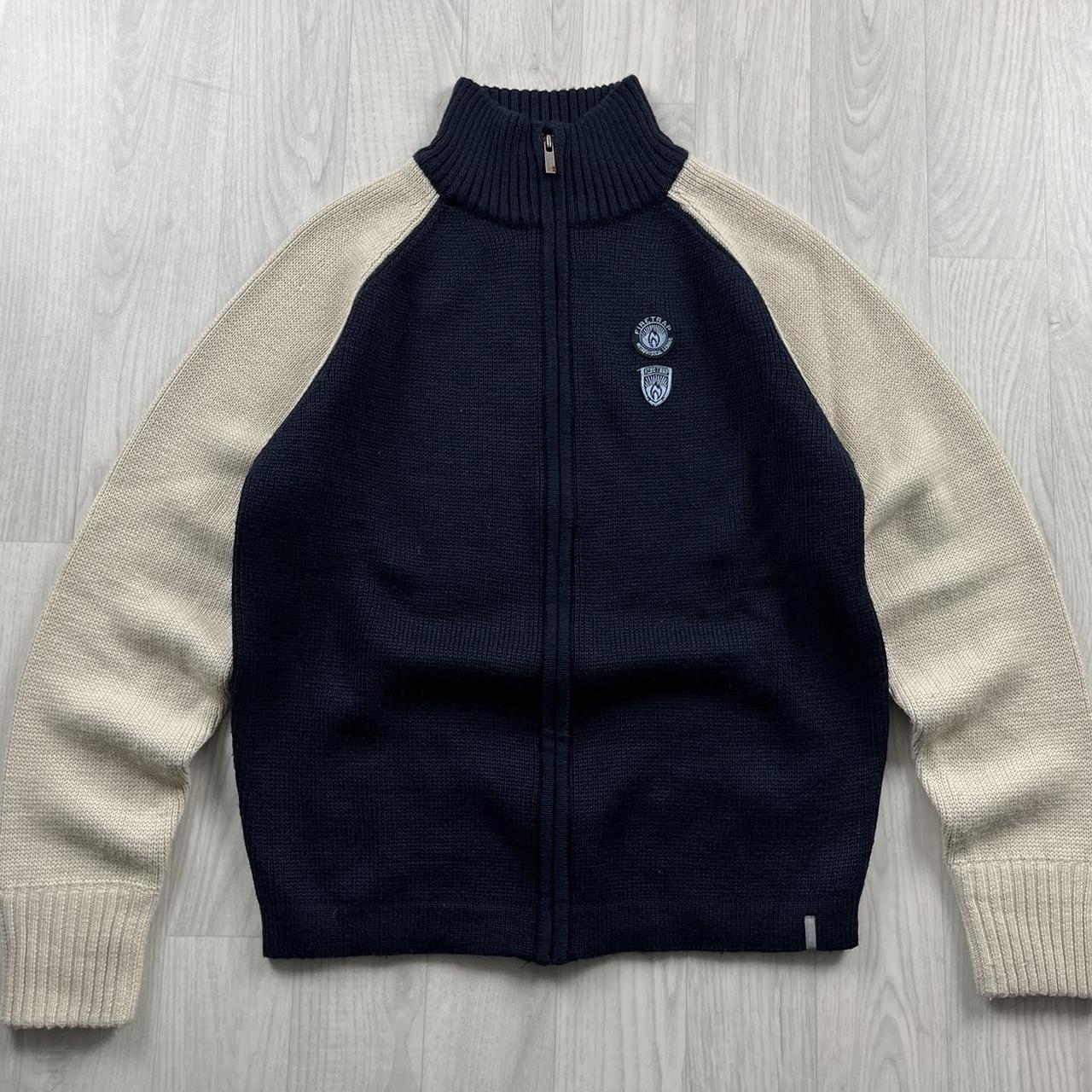 VINTAGE Y2K FIRETRAP CHUNKY ZIP KNITTED JUMPER NAVY CREAM