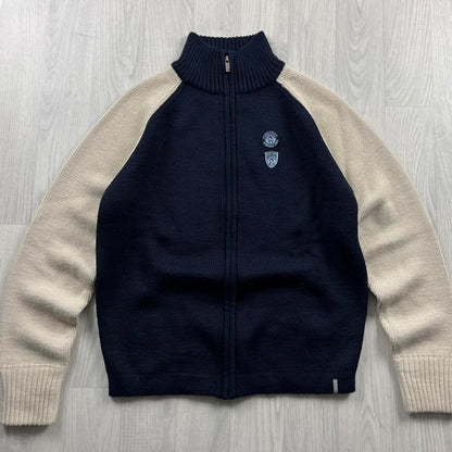 VINTAGE Y2K FIRETRAP CHUNKY ZIP KNITTED JUMPER NAVY CREAM