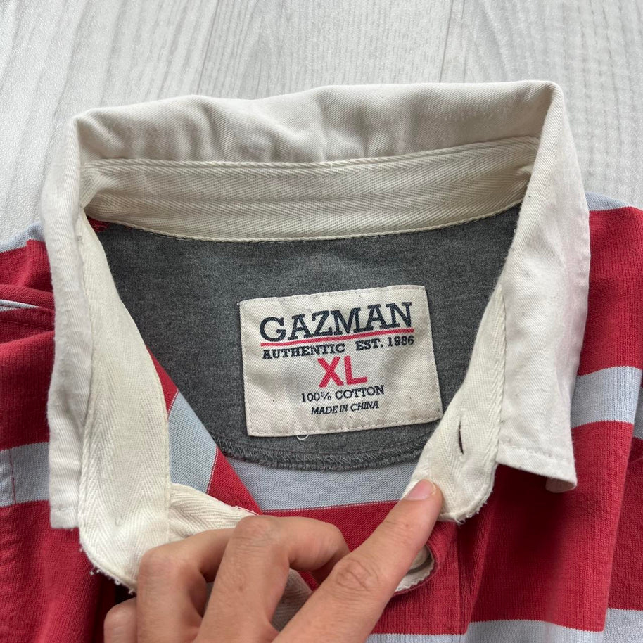 VINTAGE Y2K GAZMAN STRIPED LONG SLEEVE RUGBY POLO SHIRT RED