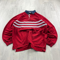 VINTAGE Y2K STRIPED LONG SLEEVE RUGBY POLO SHIRT RED