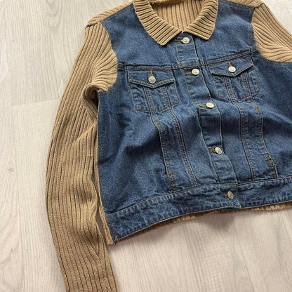 VINTAGE Y2K DENIM RIBBED SLEEVE JACKET BLUE BEIGE (L)