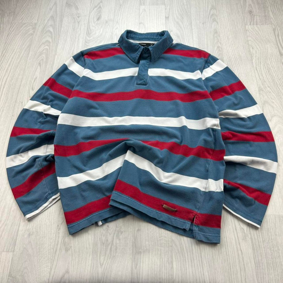 VINTAGE Y2K STRIPED LONG SLEEVE RUGBY POLO SHIRT BLUE / RED