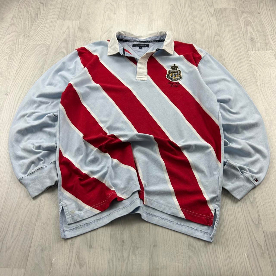 VINTAGE Y2K TOMMY HILFIGER STRIPED LONG SLEEVE RUGBY POLO SHIRT SKY BLUE / RED