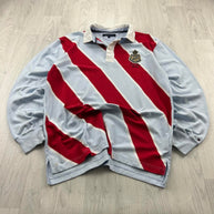 VINTAGE Y2K TOMMY HILFIGER STRIPED LONG SLEEVE RUGBY POLO SHIRT SKY BLUE / RED