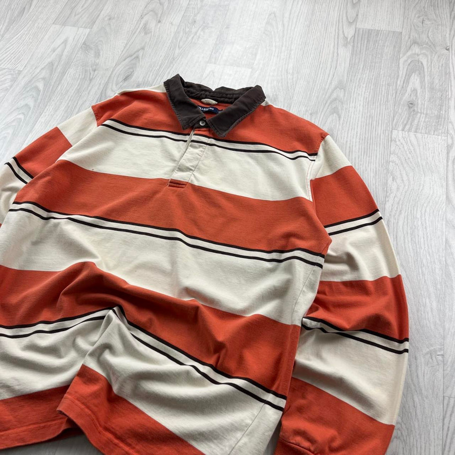 VINTAGE Y2K BARREDS STRIPED LONG SLEEVE RUGBY POLO SHIRT ORANGE
