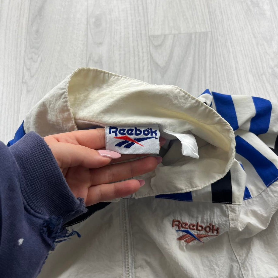 VINTAGE 90s REEBOK LIGHTWEIGHT WINDBREAKER JACKET CREAM / BLUE