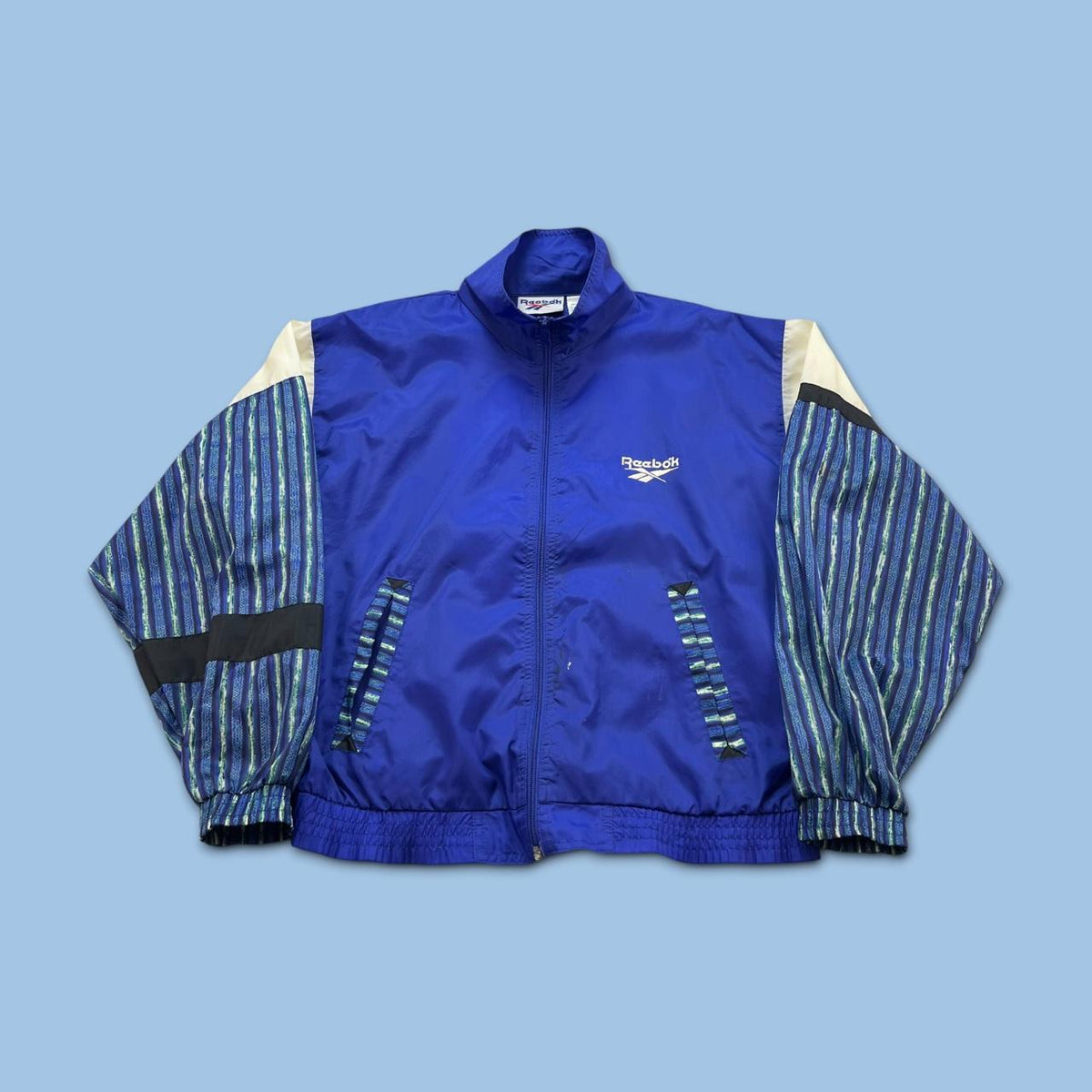 VINTAGE 90s REEBOK FUNKY WINDBREAKER JACKET NAVY / PURPLE