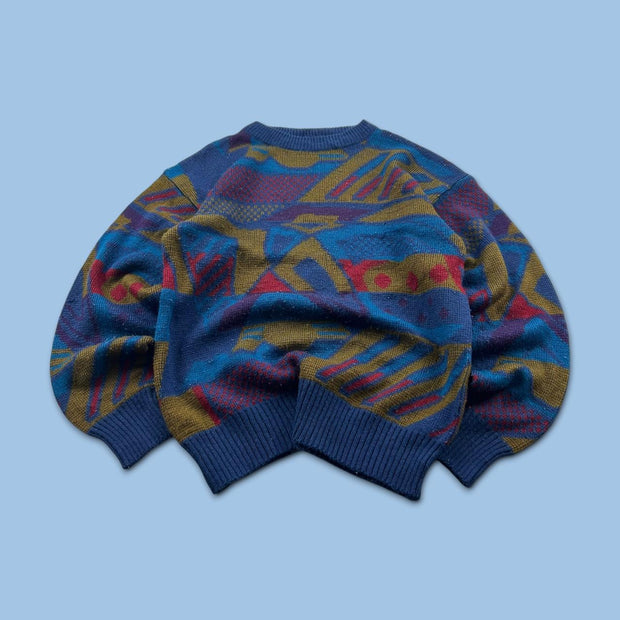 VINTAGE 90s PATTERN KNITTED JUMPER BLUE / MULTI