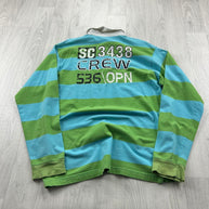 VINTAGE Y2K STRIPED LONG SLEEVE GRAPHIC RUGBY POLO SHIRT GREEN / BLUE