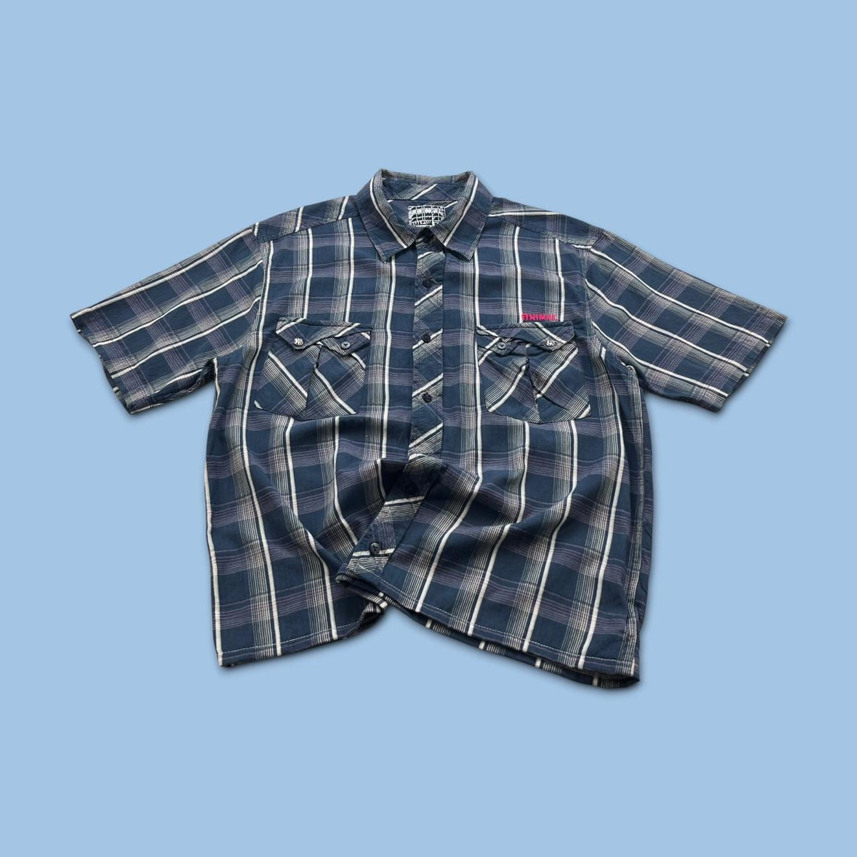 VINTAGE 00s ANIMAL CHECKERED CROPPED SHORT SLEEVE BUTTON UP SHIRT NAVY