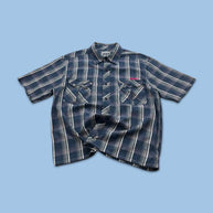 VINTAGE 00s ANIMAL CHECKERED CROPPED SHORT SLEEVE BUTTON UP SHIRT NAVY