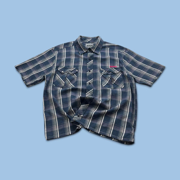 VINTAGE 00s ANIMAL CHECKERED CROPPED SHORT SLEEVE BUTTON UP SHIRT NAVY