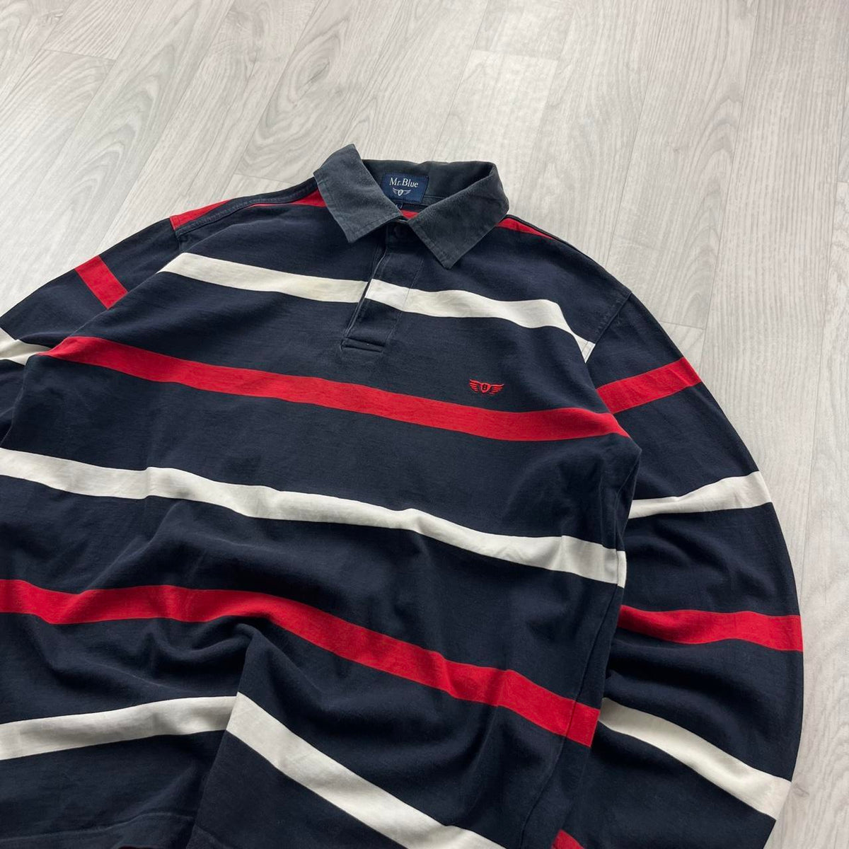 VINTAGE Y2K STRIPED LONG SLEEVE RUGBY POLO SHIRT NAVY